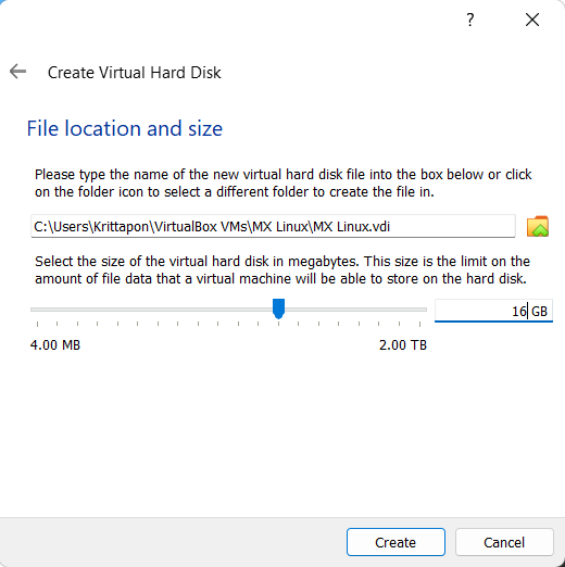 VirtualBox Choose path and size of virtual hard disk